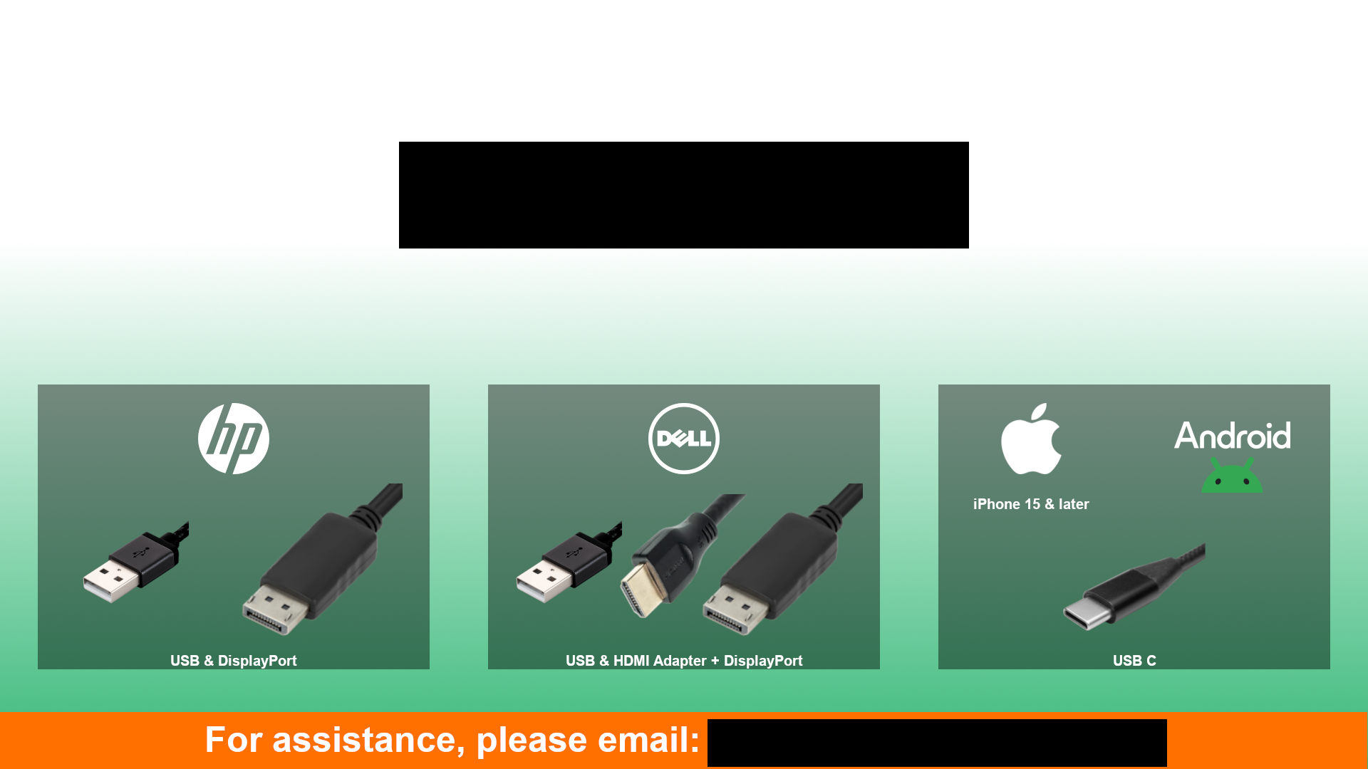 A minimalist graphic displayed as a conference room TV screensaver, letting users easily see which cables they need to connect their laptop.